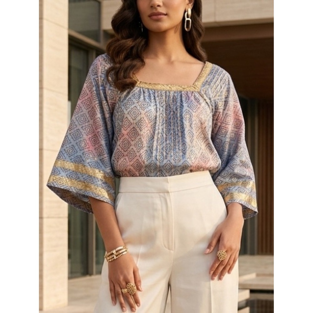RD+Koko Blue Pink Gold Metallic Geometric Diamond Square Neck Kimono Sleeve Top